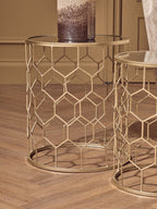Set of 2 Mirrored Glass Top Honeycomb Side Tables with Gold Metal Frame | Arcana