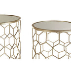 Set of 2 Mirrored Glass Top Honeycomb Side Tables with Gold Metal Frame | Arcana