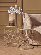 Set of 2 Mirrored Glass Top Honeycomb Side Tables with Gold Metal Frame | Arcana