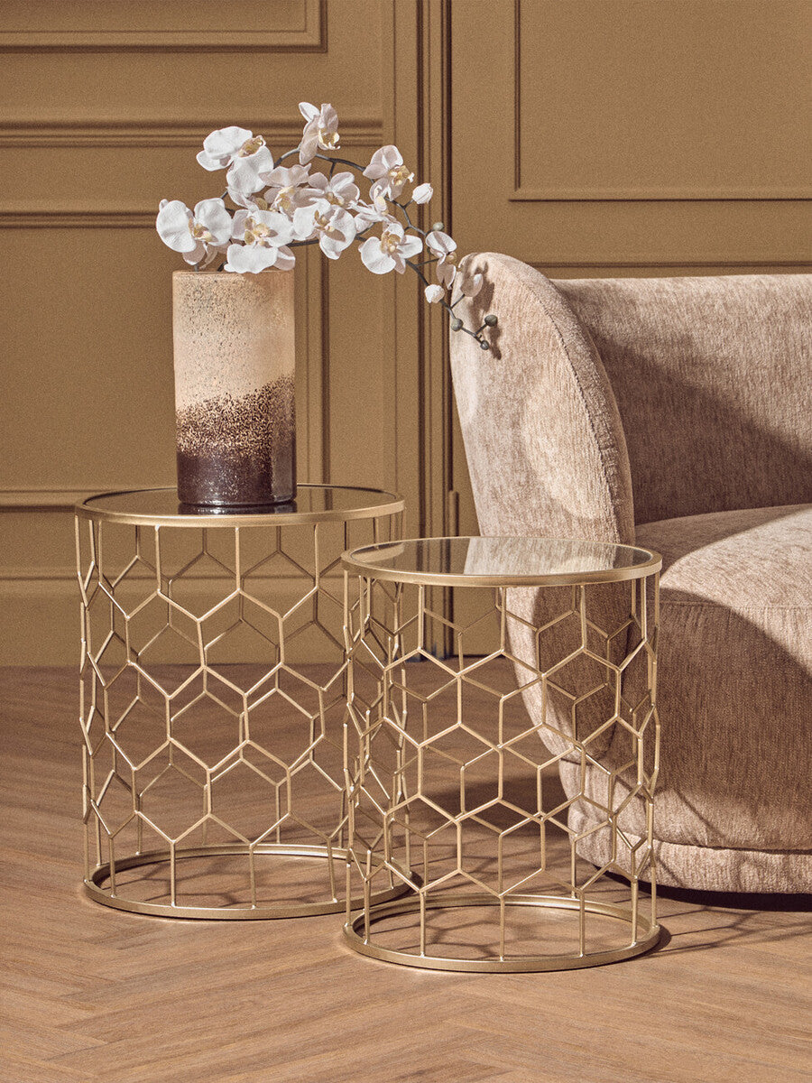 Set of 2 Mirrored Glass Top Honeycomb Side Tables with Gold Metal Frame | Arcana