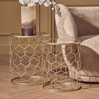 Set of 2 Mirrored Glass Top Honeycomb Side Tables with Gold Metal Frame | Arcana