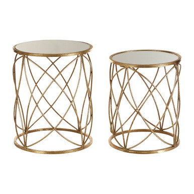 Set of 2 Round Mirrored Glass Top Side Tables with Gold Metal Frame | Arcana