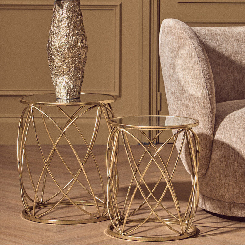 Set of 2 Round Mirrored Glass Top Side Tables with Gold Metal Frame | Arcana