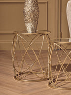 Set of 2 Round Mirrored Glass Top Side Tables with Gold Metal Frame | Arcana