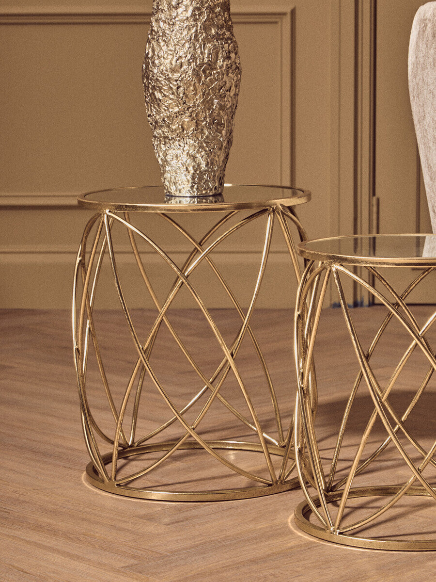 Set of 2 Round Mirrored Glass Top Side Tables with Gold Metal Frame | Arcana