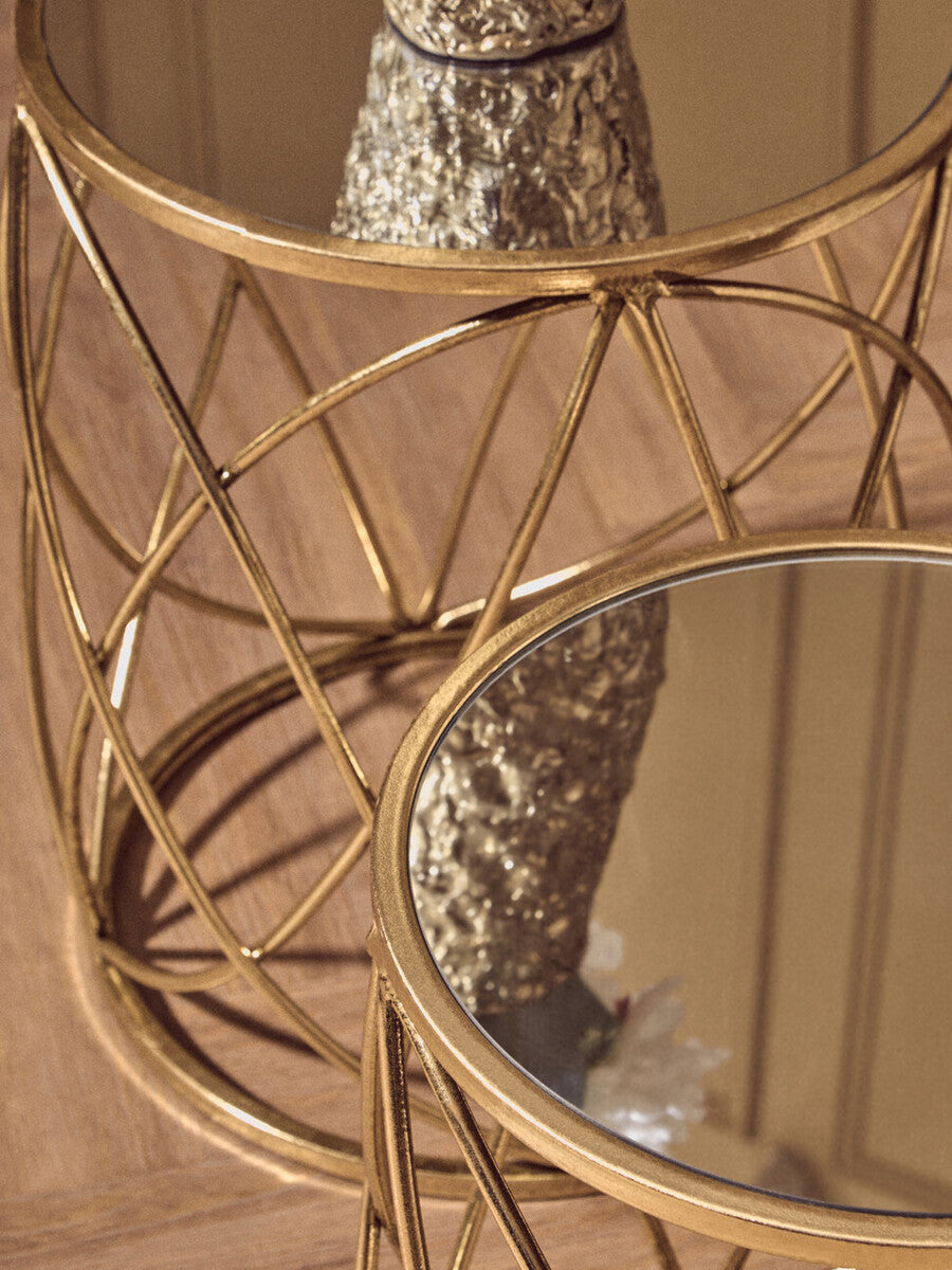 Set of 2 Round Mirrored Glass Top Side Tables with Gold Metal Frame | Arcana