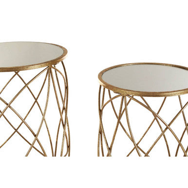 Set of 2 Round Mirrored Glass Top Side Tables with Gold Metal Frame | Arcana