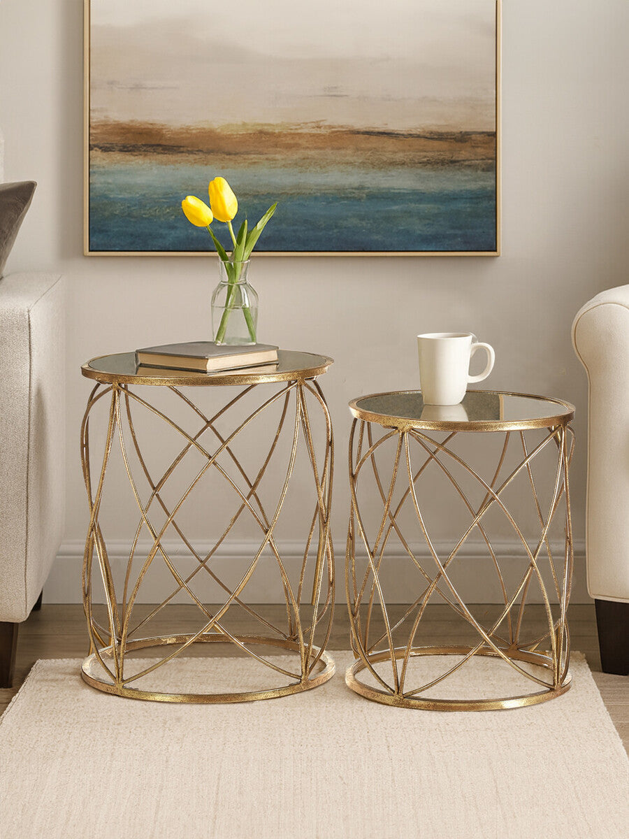 Set of 2 Round Mirrored Glass Top Side Tables with Gold Metal Frame | Arcana
