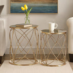 Set of 2 Round Mirrored Glass Top Side Tables with Gold Metal Frame | Arcana