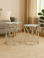 Set of 2 Mirrored Glass Top Side Tables with Gold Metal Frame, Arcana