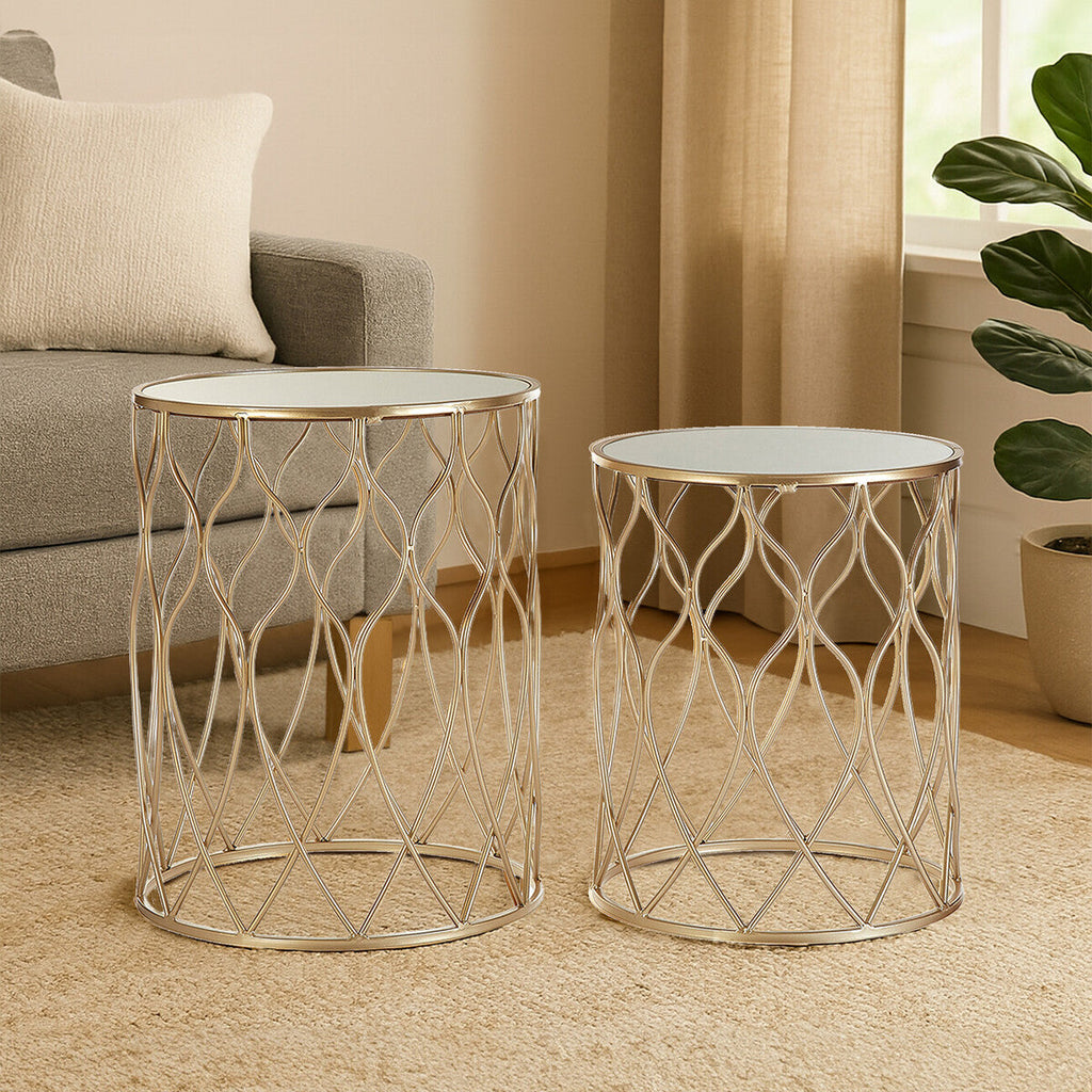 Set of 2 Mirrored Glass Top Side Tables with Gold Metal Frame, Arcana