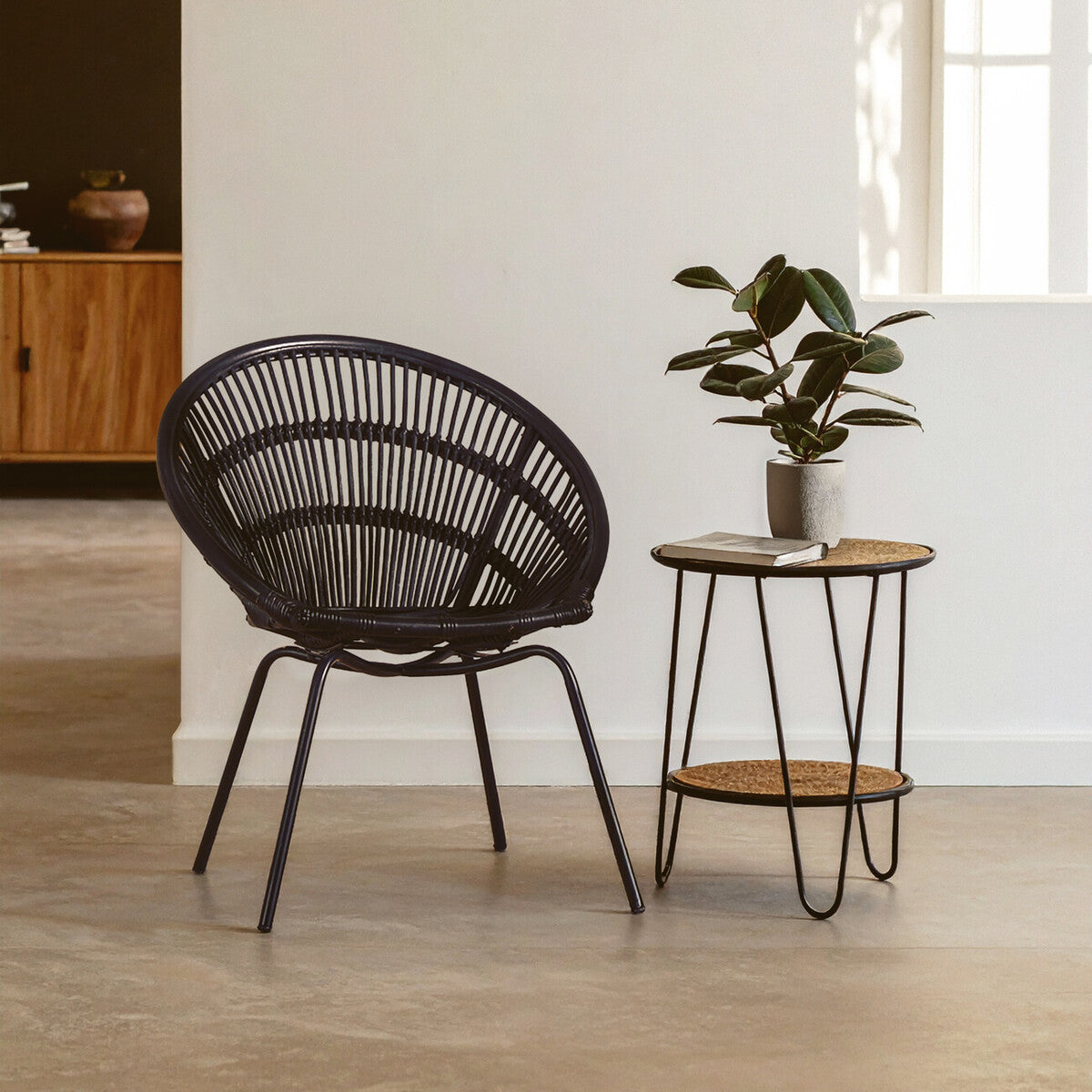 Black Natural Rattan Chair with Iron Legs | Lagom