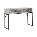 Natural Wood 2-Drawer Console Table with Geometric Assorted Front and Black Metal Legs | Lombok