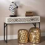 Natural Wood 2-Drawer Console Table with Geometric Assorted Front and Black Metal Legs | Lombok