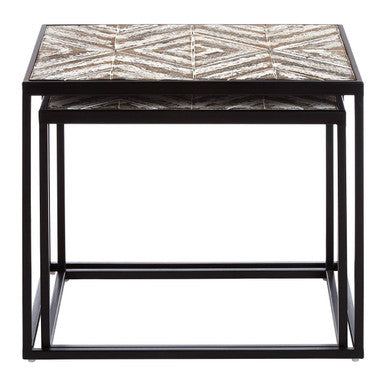 Set of 2 Natural Wood Geometric Top Side Tables with Black Metal Frame | Lombok