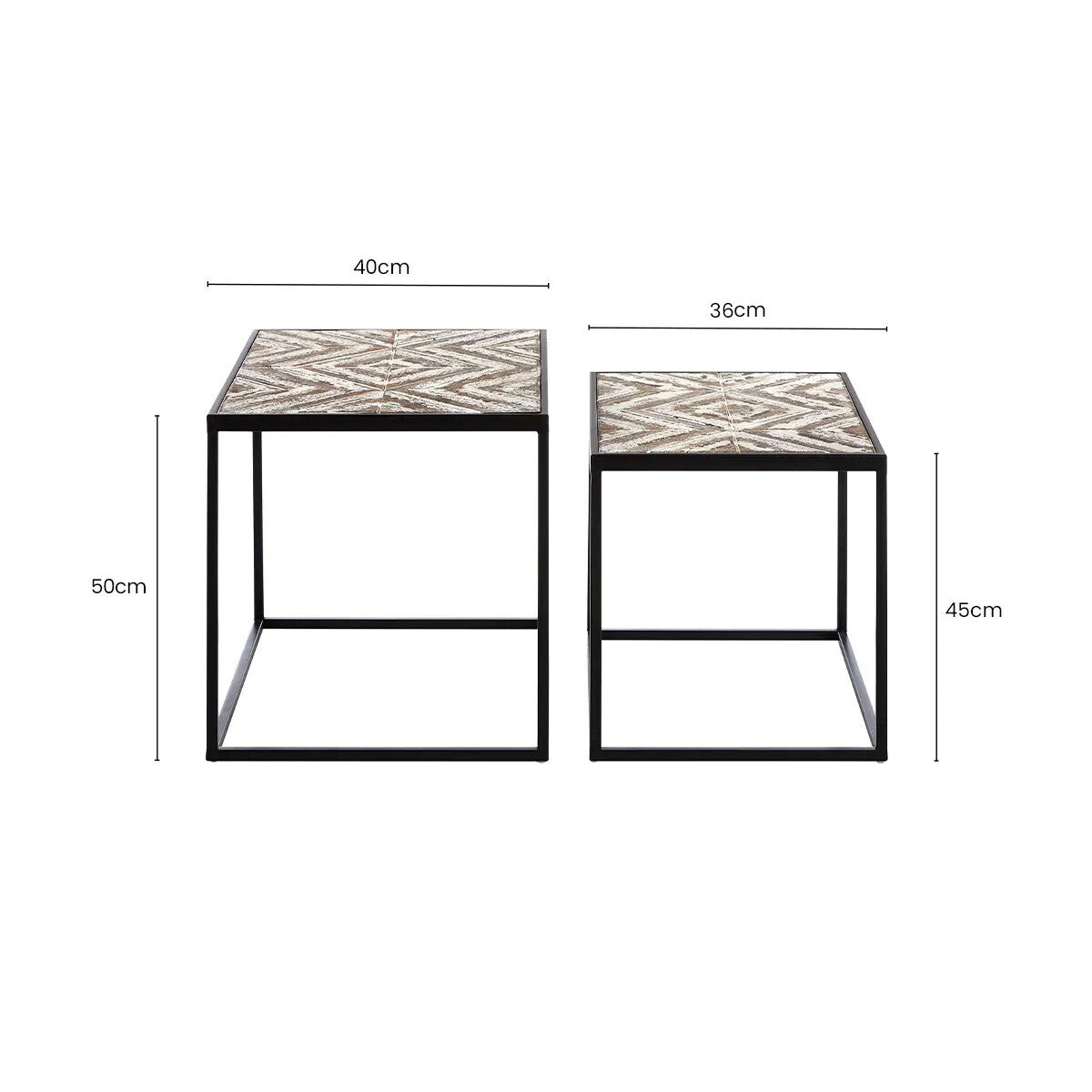 Set of 2 Natural Wood Geometric Top Side Tables with Black Metal Frame | Lombok