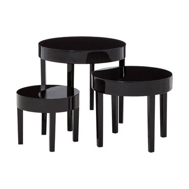 Set of Three Chunky Black High Gloss Round Tops Nesting Tables with Pine Wood Legs | Moritz