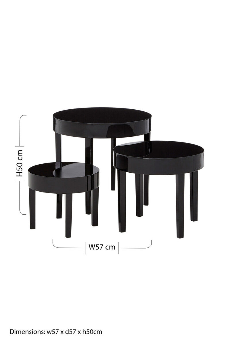 Set of Three Chunky Black High Gloss Round Tops Nesting Tables with Pine Wood Legs | Moritz