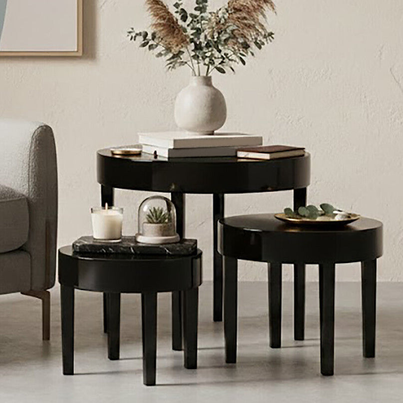 Set of Three Chunky Black High Gloss Round Tops Nesting Tables with Pine Wood Legs | Moritz