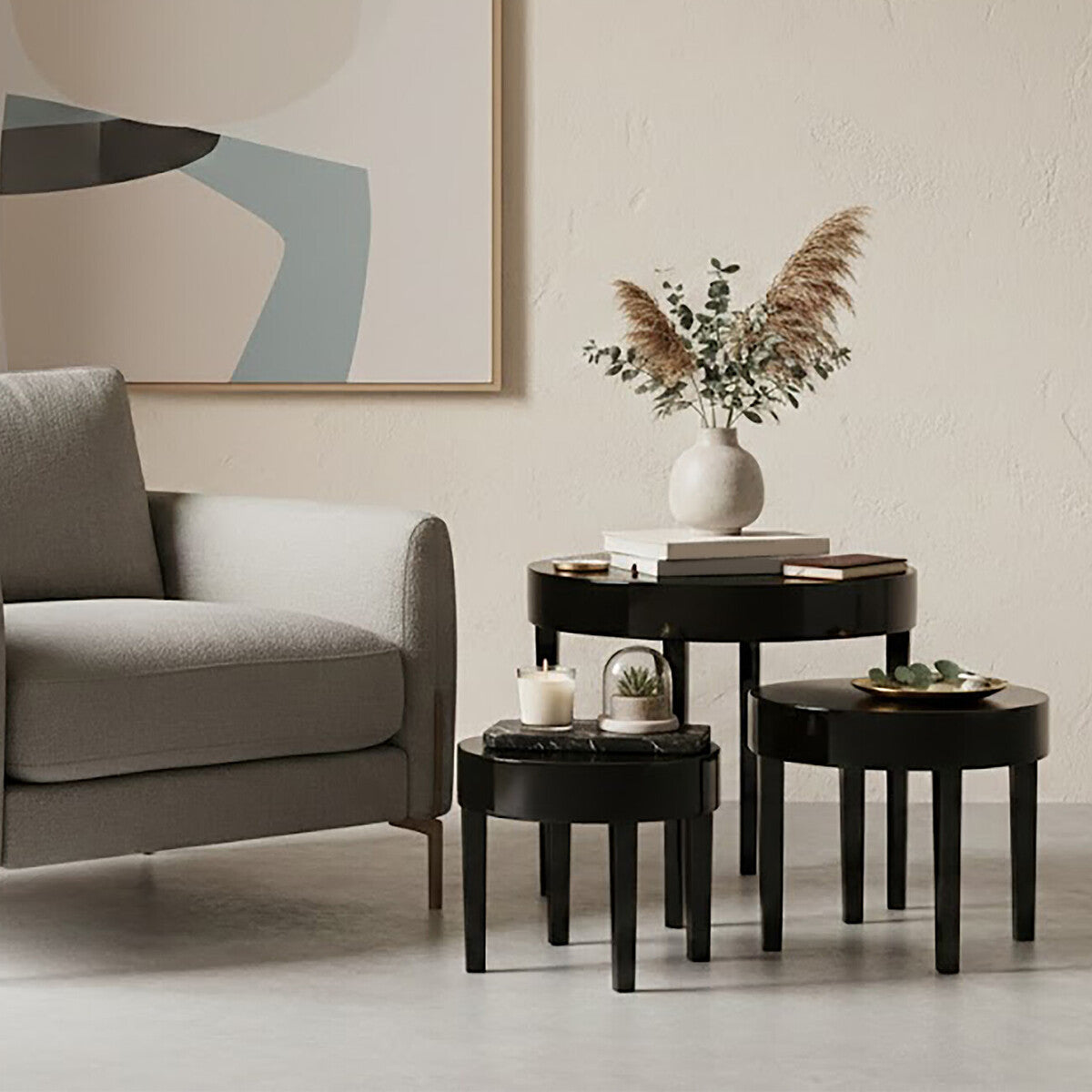 Set of Three Chunky Black High Gloss Round Tops Nesting Tables with Pine Wood Legs | Moritz