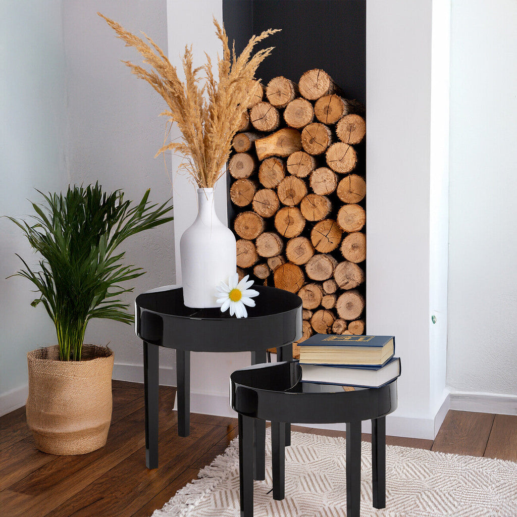 Set of Three Chunky Black High Gloss Round Tops Nesting Tables with Pine Wood Legs | Moritz