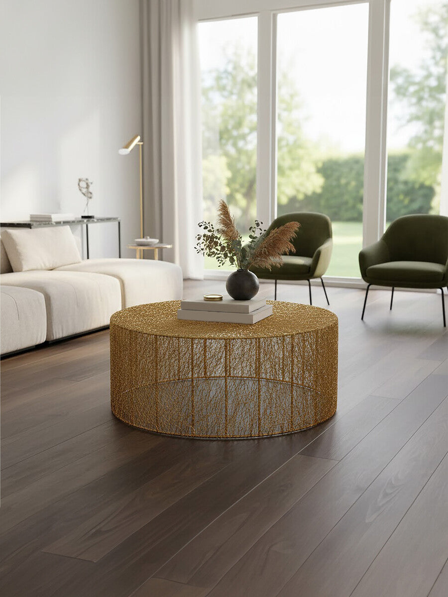 Gold Circular Iron Coffee Table with Gold Finish Vertical Line Frame | Templar