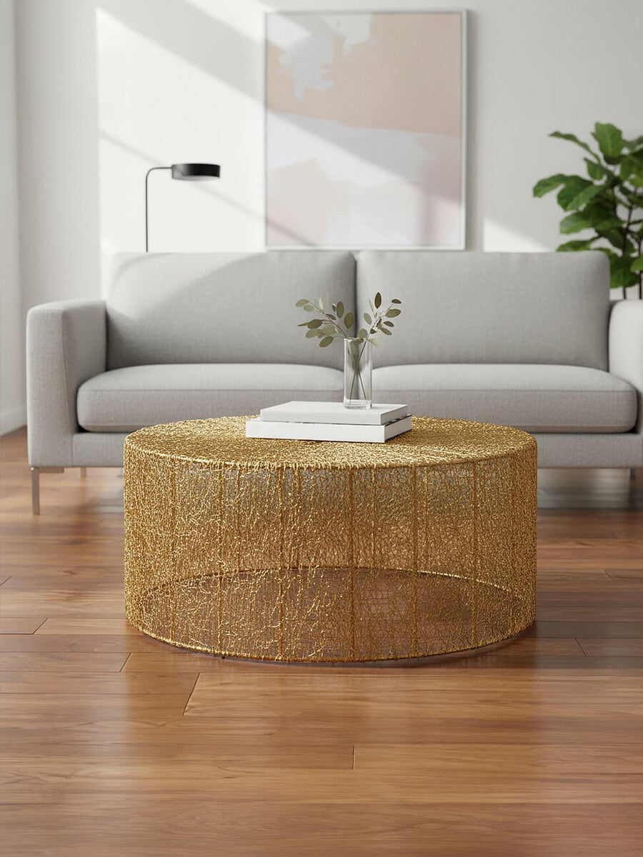 Gold Circular Iron Coffee Table with Gold Finish Vertical Line Frame | Templar