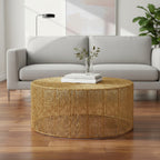 Gold Circular Iron Coffee Table with Gold Finish Vertical Line Frame | Templar