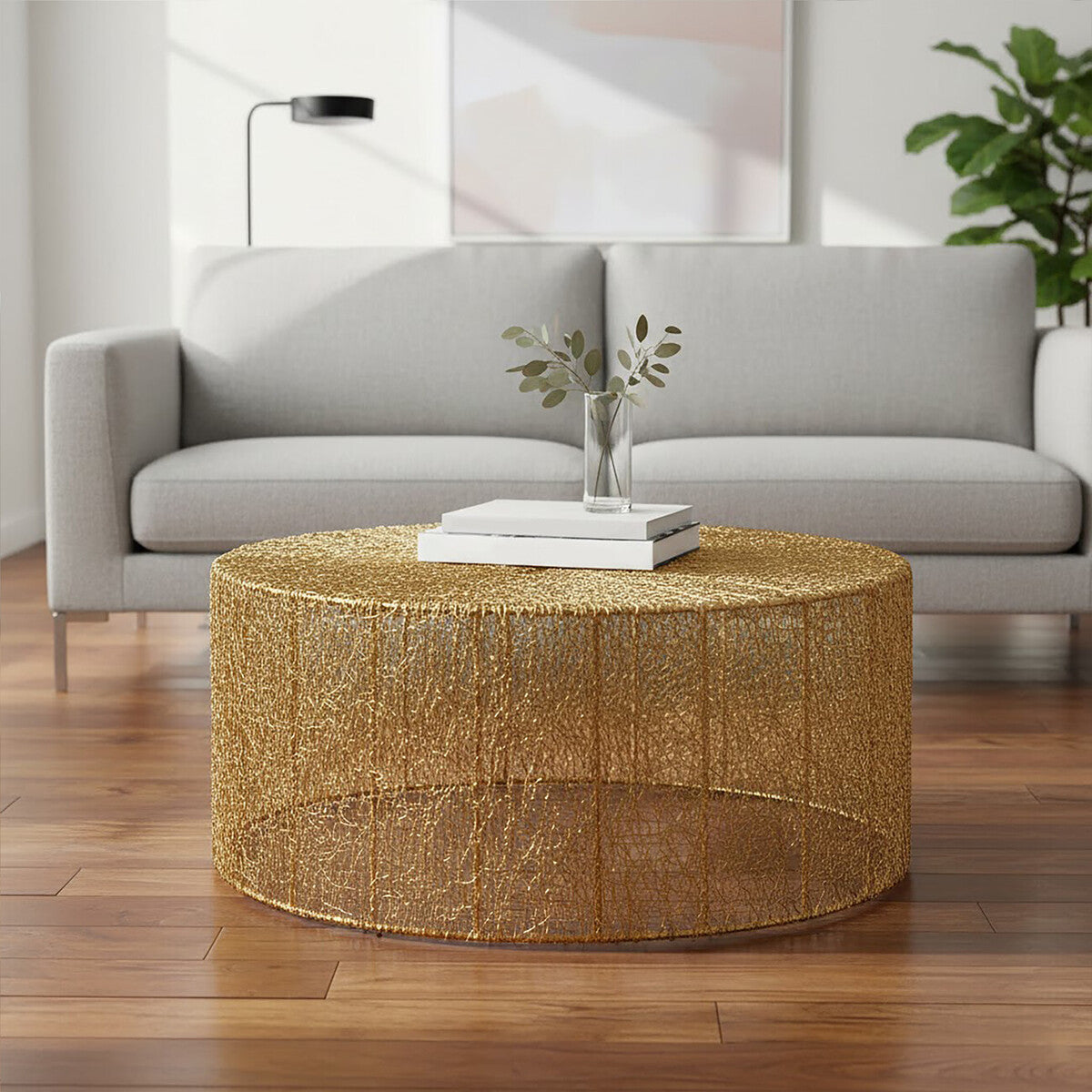 Gold Circular Iron Coffee Table with Gold Finish Vertical Line Frame | Templar