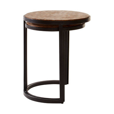 Set of Two Handcrafted Chevron Natural Wood Top Nesting Tables with Black Iron Legs | Halle