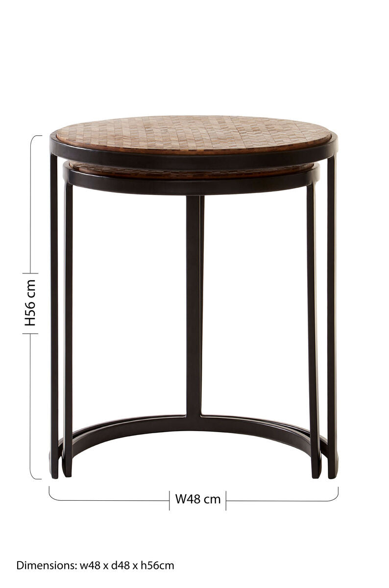 Set of Two Handcrafted Chevron Natural Wood Top Nesting Tables with Black Iron Legs | Halle