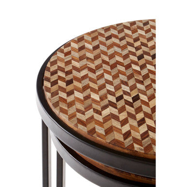 Set of Two Handcrafted Chevron Natural Wood Top Nesting Tables with Black Iron Legs | Halle