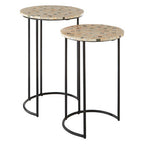 Set of 2 Mother of Pearl Mosaic Nesting Side Tables with Black Iron Legs | Halle