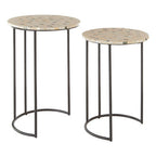 Set of 2 Mother of Pearl Mosaic Nesting Side Tables with Black Iron Legs | Halle