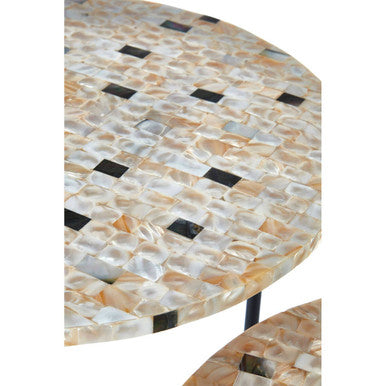 Set of 2 Mother of Pearl Mosaic Nesting Side Tables with Black Iron Legs | Halle