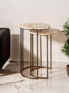 Set of 2 Mother of Pearl Mosaic Nesting Side Tables with Black Iron Legs | Halle