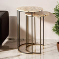 Set of 2 Mother of Pearl Mosaic Nesting Side Tables with Black Iron Legs | Halle