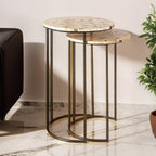 Set of 2 Mother of Pearl Mosaic Nesting Side Tables with Black Iron Legs | Halle