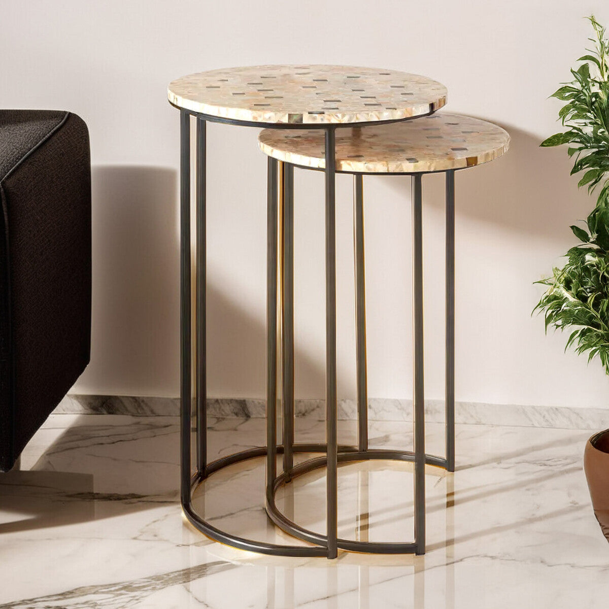 Set of 2 Mother of Pearl Mosaic Nesting Side Tables with Black Iron Legs | Halle