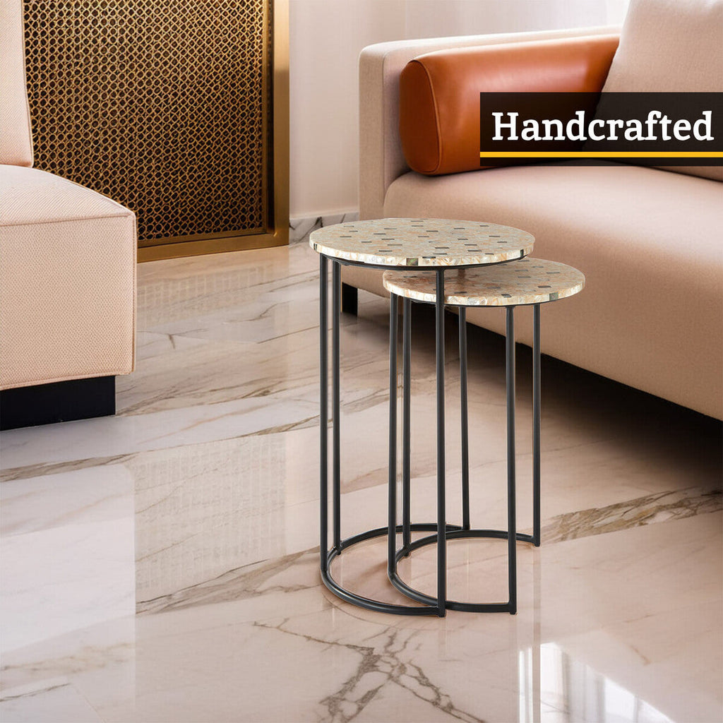 Set of 2 Mother of Pearl Mosaic Nesting Side Tables with Black Iron Legs | Halle