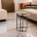 Set of 2 Mother of Pearl Mosaic Nesting Side Tables with Black Iron Legs | Halle