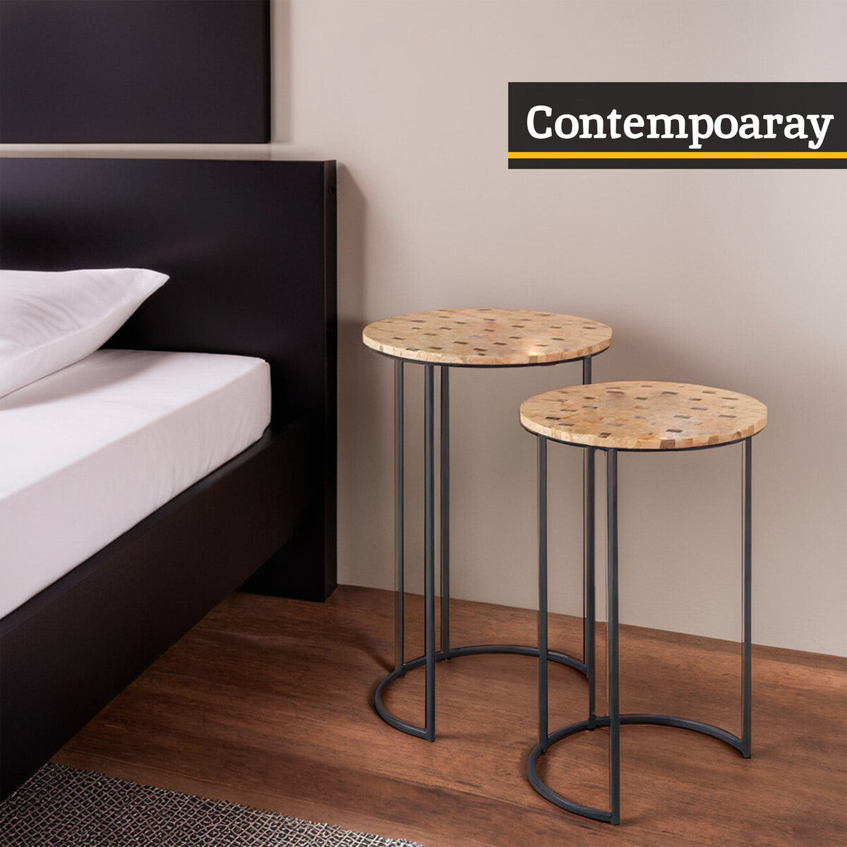 Set of 2 Mother of Pearl Mosaic Nesting Side Tables with Black Iron Legs | Halle