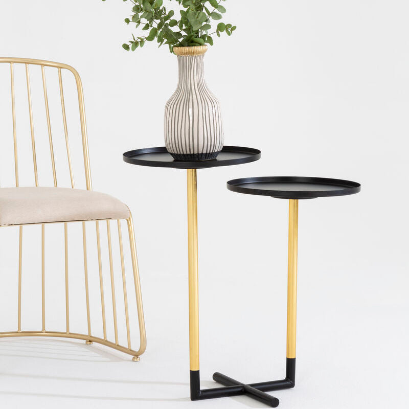 Black and Gold Metal 2-Tier Side Table with Intersecting Base Design | Halle