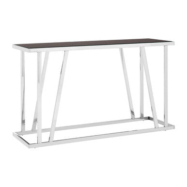 Black Tempered Glass Top Console Table with Reflective Chrome Silver Steel Base | Ackley