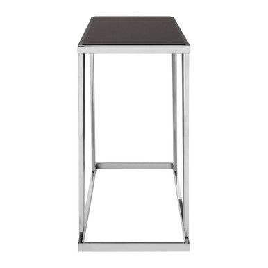Black Tempered Glass Top Console Table with Reflective Chrome Silver Steel Base | Ackley