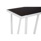 Black Tempered Glass Top Console Table with Reflective Chrome Silver Steel Base | Ackley