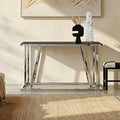 Black Tempered Glass Top Console Table with Reflective Chrome Silver Steel Base | Ackley