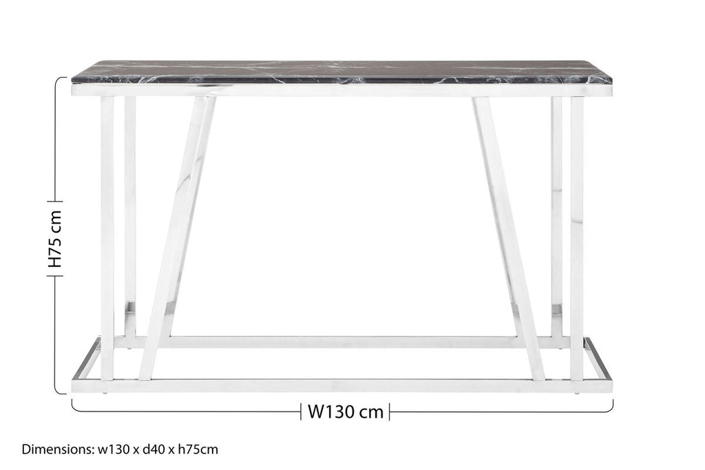 Black Marble Top Console Table with Reflective Silver Finish Stainless Steel Frame | Ackley