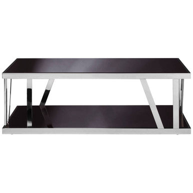 Black Tempered Glass Two-Tier Design Coffee Table with Silver Stainless Steel Frame | Ackley