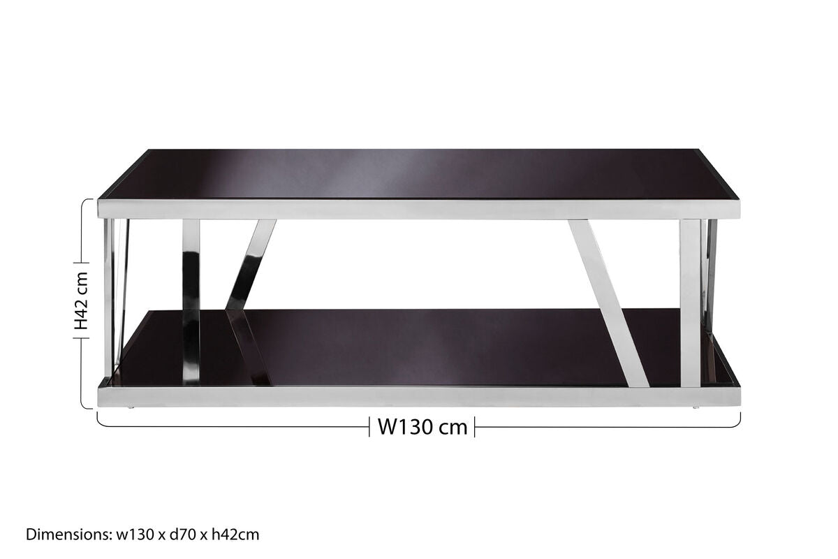 Black Tempered Glass Two-Tier Design Coffee Table with Silver Stainless Steel Frame | Ackley